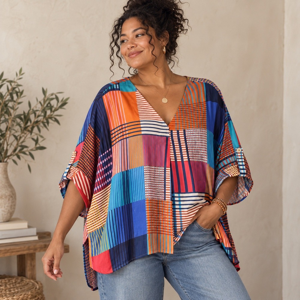 Umgee Womens Large Oversized Patchwork V-Neck Blouse Roll Tab Sleeve Boho Boxy